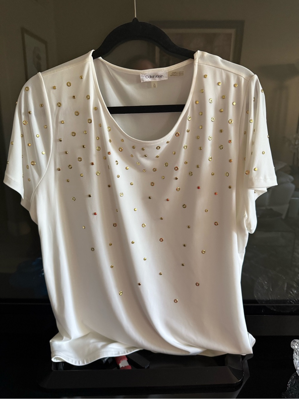 Calvin Klein White Short-Sleeve Top with Gold Sequin Accents